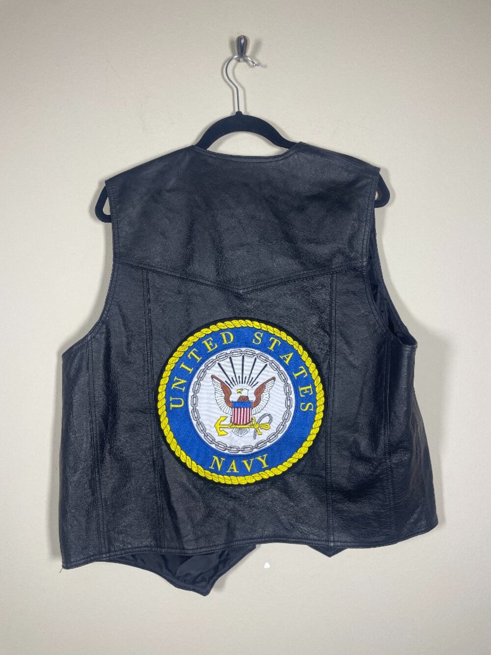 JWM Men's Black Leather Vest with US Navy Patch on Back Small!